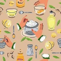 Colored vector seamless pattern of food and drink.