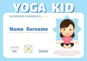 certificado diploma de niños de yoga, vector de plantilla de jardín de infantes.