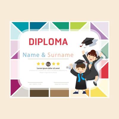 Certificate kids diploma, kindergarten template layout background frame design vector. education preschool concept flat art style