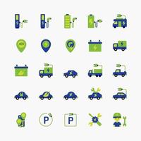Electro vehicle flat icon set with electric eco car charge station. vector