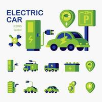 conjunto de iconos planos de vehículos eléctricos con estación de carga de coches ecológicos eléctricos. vector