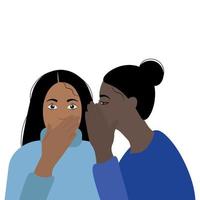 imagen de retrato de dos chicas negras que chismean, vector plano, aíslan en un fondo blanco, una chica dice algo al oído de la otra