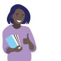 Portrait of black girl student with books in hand, isolated on white, flat vector, girl with blue hair vector