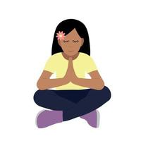 Portrait of a little indian girl who sits cross-legged and folded her hands for prayer, flat vector, isolated on white background vector