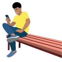 Portrait of a indian guy who sits on a bench with one leg crossed over the other, vector isolated on a white background, the guy looks at the smartphone