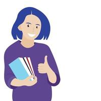 Portrait of girl student with books in hand, isolated on white, flat vector, girl with blue hair vector