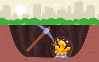 dig a big hole and find a gold nugget. searching for gold underground. flat vector illustration.
