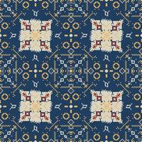 blue ethnic pattern with pixel and geometric seamless square in for fabric pattern vector