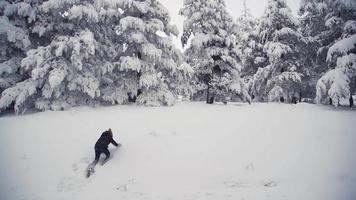 chico tratando de escalar en la nieve. en la nieve, el niño está tratando de llegar a la cima, trepando. video