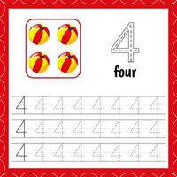 Cards with numbers for children. Trace the line. For kids learning. Count andwrite. Number four. Count balls. vector