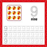 Cards with numbers for children. Trace the line. For kids learning. Count andwrite. Number nine. Count balls. vector