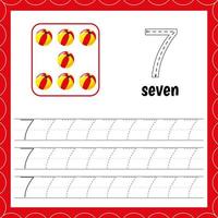 Cards with numbers for children. Trace the line. For kids learning. Count andwrite. Number seven. Count balls. vector