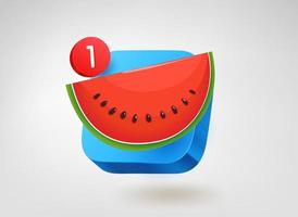 Red water melon on blue button with notification. 3d vector mobile application icon