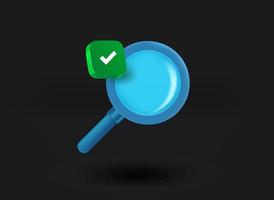 Magnifying glass with checkmark icon. 3d vector illustration