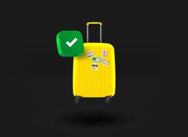 Yellow suitcase with checkmark icon. 3d vector illustration