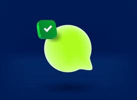 Internet chat balloon with checkmark icon. 3d vector illustration
