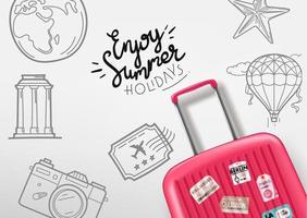 Enjoy summer holidays concept. Suitcase with sketch illustrations vector