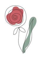 One line art red rose with black line and red and green color abstract shapes on a white background vector