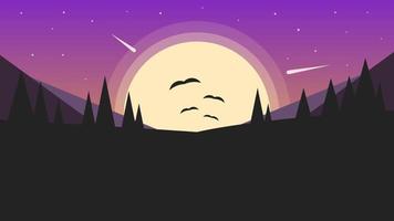 Beautiful landscape with a big setting sun and stars against the background of dark trees and hills. Birds fly in the distance. Vector illustration