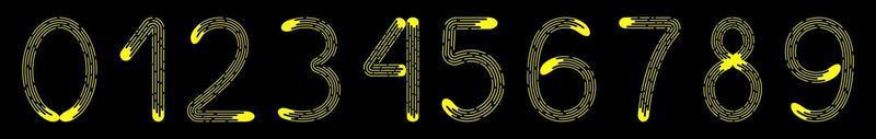 Set of numbers 0-9 from yellow dotted lines isolated on black background. Design element vector