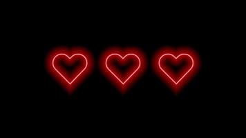 tres corazones de neón rojo sobre negro. elementos luminosos para su diseño. vector