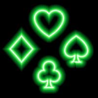 Green neon symbols of card suits. Hearts, diamonds, clubs, spades. Suit icons vector