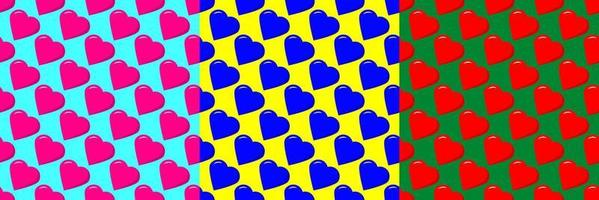 Set of seamless colorful patterns of staggered hearts. vector