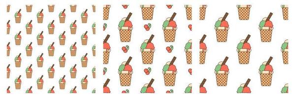 conjunto de patrones sin fisuras con bolas de helado de colores en taza de gofre y bayas sobre un fondo blanco.