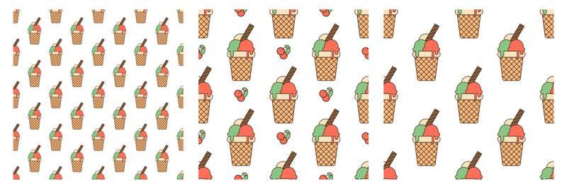Set of seamless patterns with colored ice cream balls in waffle cup and berries on a white background.