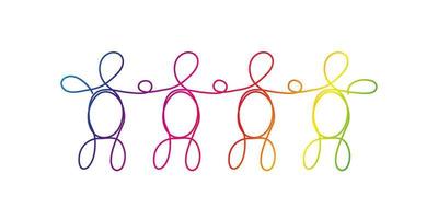 Line art diversity, LGBTQ concept. A group of four different people drawn with one line, rainbow colors on white. vector
