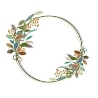 Flora and round twig wreath of wild autumn flower and leaves in fall and autumn season color, flat vector hand drawn image.