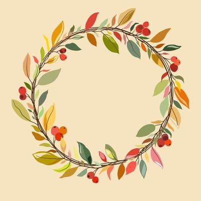 Wreath of berries and autumn mood of leaves, flat vector hand drawn image.