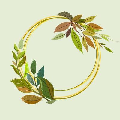 Two groups of round twig wreath of wild autumn flower and leaves in fall and autumn season color, flat vector hand drawn image.