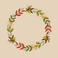 Wreath of wild autumn flower and leaves in fall and autumn season color, flat vector hand drawn image.