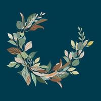 A round twig of wild autumn, colorful small flower and leaves, topical green leaves, flat vector hand drawn image.