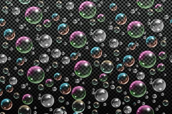 Set of transparent soap bubbles on checkered background.Reaistic colored balls.Vector texture.
