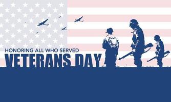 Veteran's day poster.Honoring all who served. Veteran's day illustration with american flag and soldiers vector