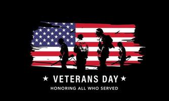 Veteran's day poster.Honoring all who served. Veteran's day illustration with american flag and soldiers vector