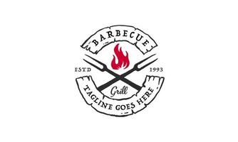 Vintage Grill Barbeque barbecue bbq with crossed fork and fire flame Logo design vector