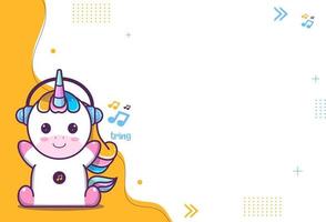 lindo fondo de lindo personaje de unicornio, unicornio escuchando música con auriculares en la oreja, adecuado para redes sociales y publicaciones comerciales. pasos vectoriales 10 vector