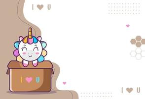 cute background of cute unicorn character, unicorn in brown box with the words I love you, suitable for social media and business posts. Vector eps 10