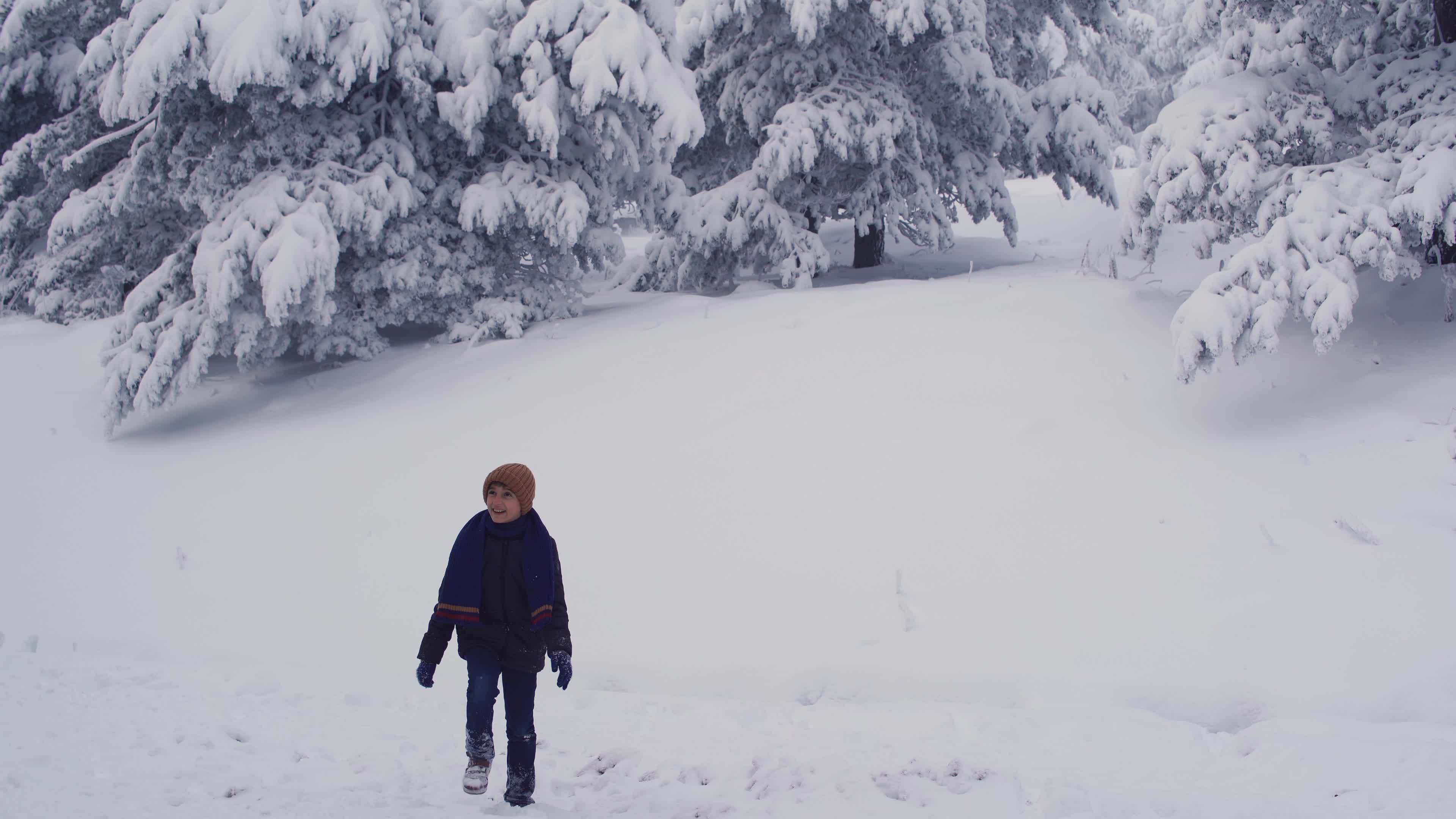 Happy boy walking in snowy weather. The boy walking in the snow happily