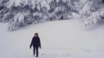 menino feliz andando em tempo de neve. o menino andando na neve observa alegremente os arredores. video