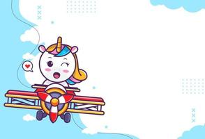 cute background of cute unicorn character, unicorn driving red plane on cloud, suitable for social media and business posts. Vector eps 10