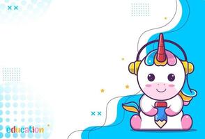 cute background of cute unicorn character,unicorn holding pencil and earphone headset, suitable for social media and business posts. Vector eps 10