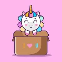 lindo unicornio en caja marrón con te amo escribiendo, vector eps 10