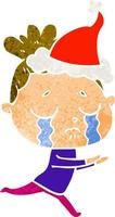 retro cartoon of a crying woman wearing santa hat vector