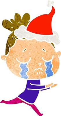 retro cartoon of a crying woman wearing santa hat