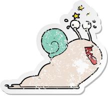 distressed sticker of a crazy cartoon snail vector