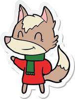 sticker of a friendly cartoon wolf in winter clothes vector